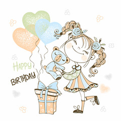 Cute girl with a Teddy bear and a balloon in the shape of a heart. Happy birthday . Vector.