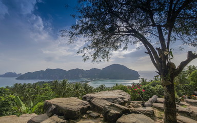 view evening of panoramic view point around with rocks and tree branches with mountain and cloudy sky background, Phi Phi Don island, Krabi, southern of Thailand.
