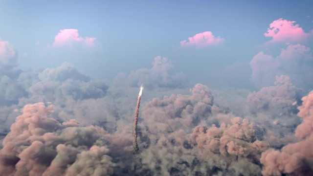 Rocket Launch through the clouds, Starship rocket to the mars. 4k animation