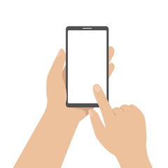 Man hold smartphone in hand and tap on screen with forefinger. Vector illustration.