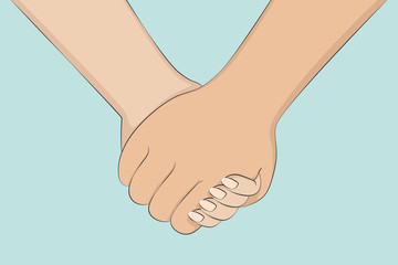 Holding hands of Caucasian man and woman. Cartoon style. Vector.