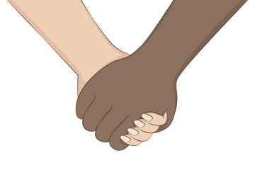 Holding hands of Caucasian woman and African man. Cartoon style. Vector.