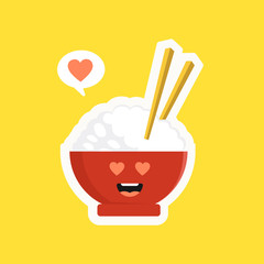Cute and kawaii rice bowl character isolated on color background. Rice bowl with emoji and expression. can use for restaurant, resto, mascot, asian culture element, chinese food, japanese food, menu. 