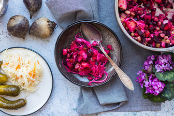 Vinaigrette, vinegret or beetroot Ukrainian, Russian traditional salad with cooked and pickled vegetables.