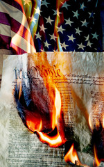 American flag with burning constition