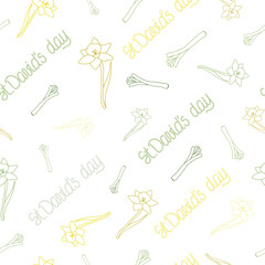 St. David's Day card with daffodils and leeks seamless pattern. Vector illustration. Wales national holiday. March, 1st. 