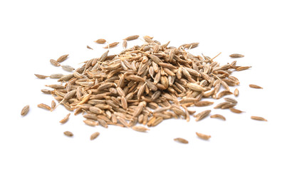 Cumin seeds macro. Caraway isolated on white background.