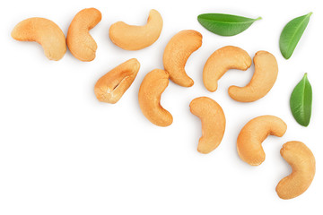 Roasted Cashew nuts isolated on white background with clipping path and full depth of field. Top view with copy space for your text. Flat lay