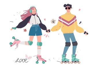 Lovers boy and girl on roller skates against white background