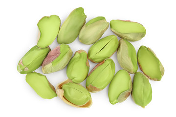 peeled pistachio isolated on white background with clipping path and full depth of field. Top view. Flat lay