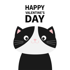 Black and white cat head face body. Happy Valentines Day. Funny Kawaii smiling baby animal. Cute cartoon funny character. Pet collection. Flat design. Kids background. Isolated.