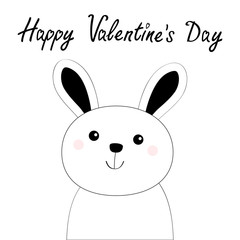 Happy Valentines Day. Bunny rabbit hare face head black line icon. Cute cartoon kawaii funny character. Baby greeting card. White background. Flat design.