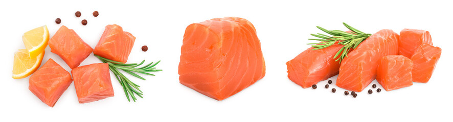 raw salmon piece cube with rosemary and peppercorn isolated on white background close up. Set or collection