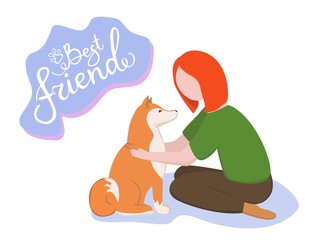 Girl is hugging a dog. Pet owner with her dog. Best friends lettering phrase. Vector illustration.