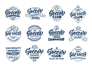 Set of vintage Soccer emblems and stamps. Blue badges, stickers on white background isolated