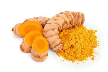 turmeric root and powder isolated on white background close up