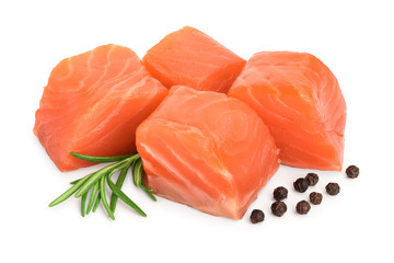 raw salmon piece cube with rosemary and peppercorn isolated on white background close up