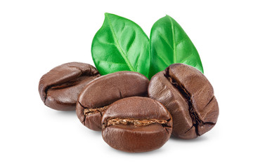 Heap of roasted coffee beans with leaves isolated on white background with clipping path and full depth of field.
