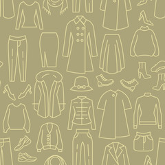 Women clothes icons pattern. Female clothing seamless background. Seamless pattern vector illustration