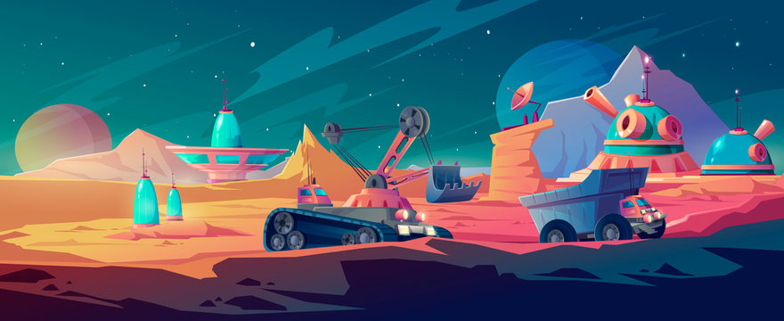 Planet colonization and space mining, excavator and truck driving near alien futuristic buildings, mars surface mineral deposit extraction, scientific exploration research, Cartoon vector illustration