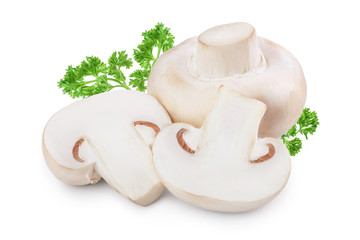 Fresh mushrooms champignon and half isolated on white background with clipping path