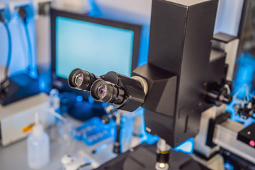 Laboratory Microscope. Scientific and healthcare research background coronavirus