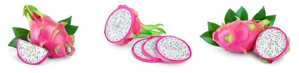Ripe Dragon fruit, Pitaya or Pitahaya isolated on white background, fruit healthy concept. Set or collection