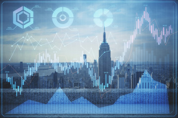 Forex graph on city view with skyscrapers background multi exposure. Financial analysis concept.