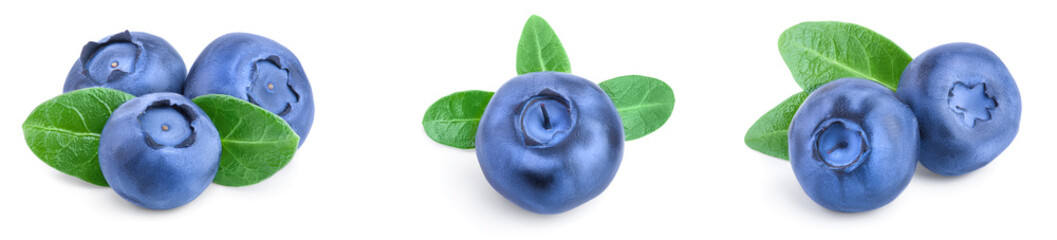 fresh blueberry with leaves isolated on white background closeup. Set or collection