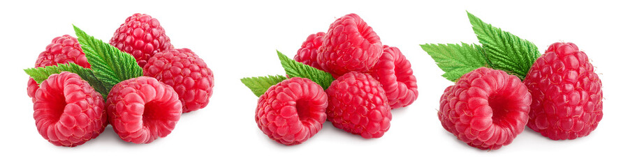 Ripe raspberries with leaf isolated on a white background, Set or collection