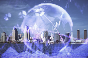 Forex chart on cityscape with skyscrapers wallpaper multi exposure. Financial research concept.