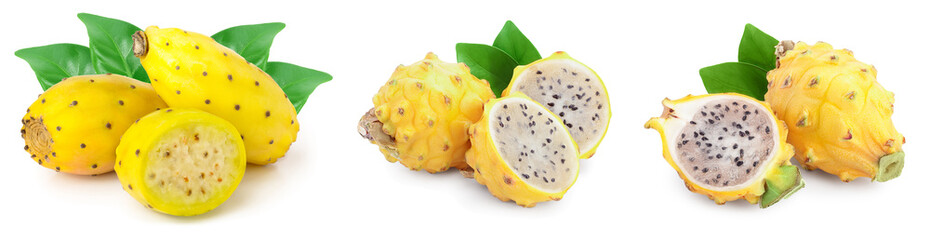 Ripe Dragon fruit, Pitaya or Pitahaya yellow isolated on white background, fruit healthy concept. Set or collection