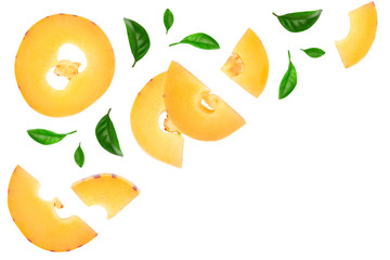 Fresh Pepino fruit slice isolated on white background with copy space for your text. Top view, flat lay