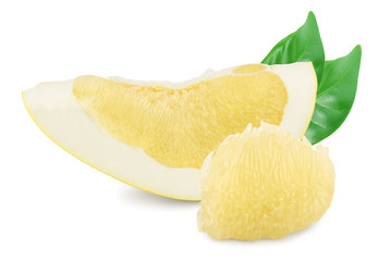 slice of pomelo with leaf isolated on white background