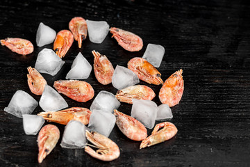 Shrimp spread between ice cubes. Freeze on a black wooden background.