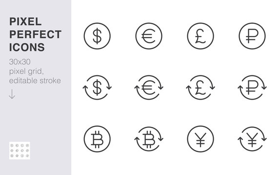 Currency exchange line icon set. Dollar, euro, pound, russian ruble, yen, bitcoin minimal vector illustration. Simple outline money sign for financial application. 30x30 Pixel Perfect Editable Stroke