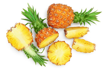pineapple isolated on white background with clipping path and full depth of field. Top view. Flat lay