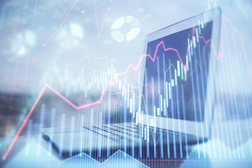 Forex Chart hologram on table with computer background. Double exposure. Concept of financial...