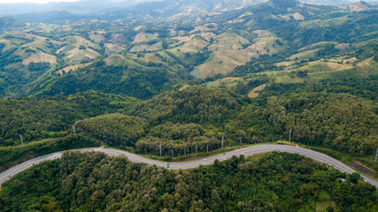Aerial view of asphalt road on the hill in Phetchabun province, Thailand, Top of view highway road north in Thailand