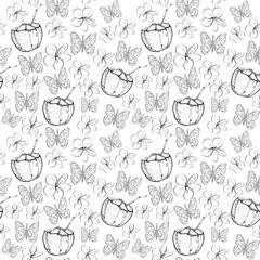 Seamless pattern with plumeria flowers butterflies coconut, straw. Sketch, black contour isolated white background. simple ornament, Can be used for Gift wrap, fabrics, wallpapers. Vector