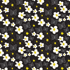 Seamless pattern with plumeria flowers butterflies sketch, black yellow white background. simple ornament, Can be used for Gift wrap, fabrics, wallpapers. Vector