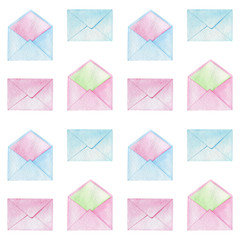 Colorful watercolor open and closed paper envelopes on white background. Romantic postal pattern: pink and blue love letters. Seamless texture for wallpaper, fabric, textile design, wrapping paper