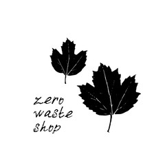 Zero waste shop logo. Black text, calligraphy, lettering, doodle by hand. Flowers leaves isolated on white background. Pollution problem concept Eco, ecology banner poster. Vector