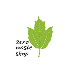 Zero waste shop logo. Black text, calligraphy, lettering, doodle by hand. Green leaf isolated on white background. Pollution problem concept Eco, ecology banner poster. Vector