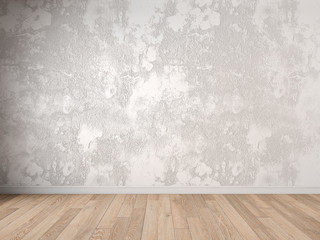 Blank wall with stucco, plaster, beige color, molding and wood floor. 3d render illustration mock up.