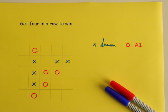 Yellow paper with 5x5 tic tac toe game competition, human vs AI, who will win, artificial intelligence concept