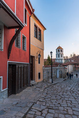 Plovdiv / Bulgaria - February 16 2020 : Typical architecture from old town of Plovdiv, Bulgaria ,historical medieval houses. Ancient city is UNESCO's World Heritage