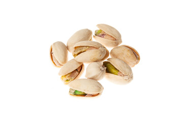 Salted pistachios nuts isolated on white background. Healthy snack.