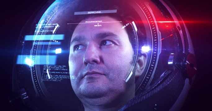Portrait 4K Shot Of The Young Male Astronaut In Space Helmet. He Is Exploring Outer Space In A Space Suit. Science And Technology Related VFX 4K Concept Footage.