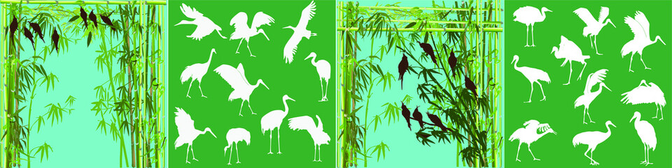 cranes and parrots in green bamboo